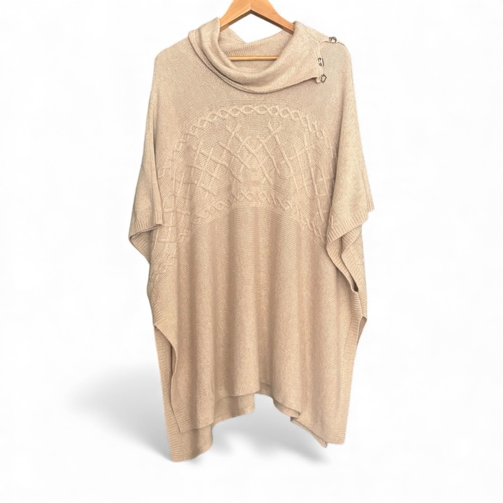 NYDJ Cozy Cable-Knit Oversized Cowl Neck Poncho Sweater XL – Neutral Taupe